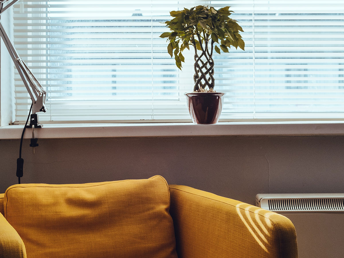 chair in front of a window with blinds